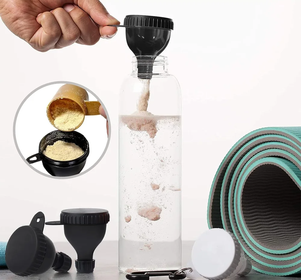 Dry powder passing through the lower outlet into a bottle